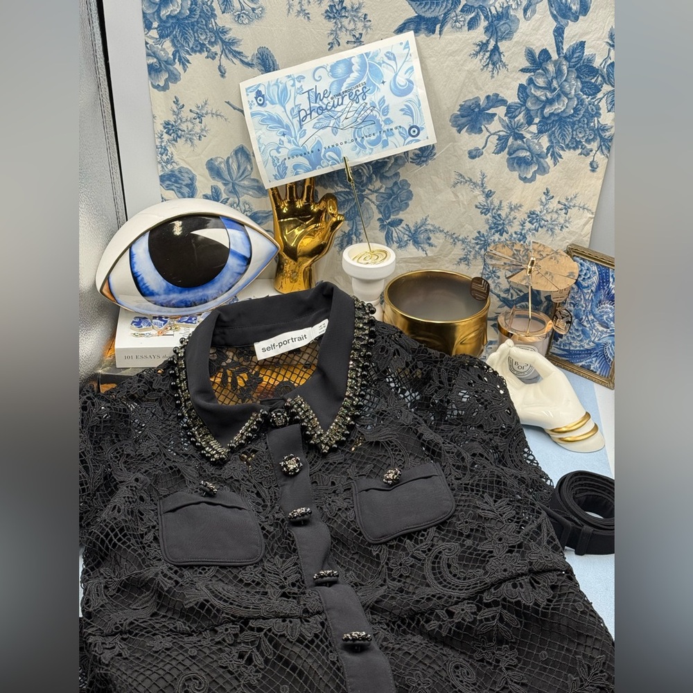 🆕 SELF PORTRAIT 🧿 NWOT Black Lace Button Front Mini Dress, Sz UK 14 US 10 - Picture 14 of 17